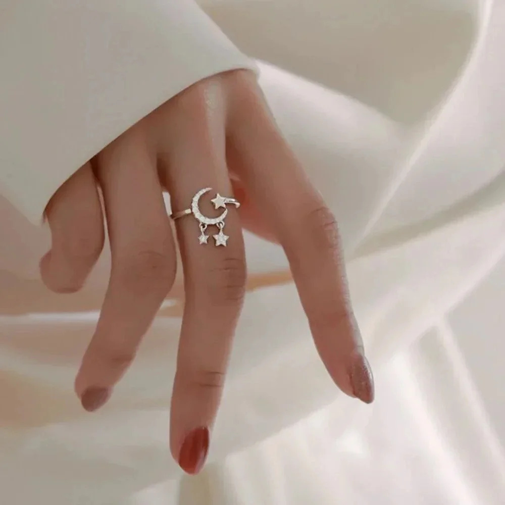 925 Sterling Silver Dangle Moon & Star Ring Minimalist Dainty Celestial …